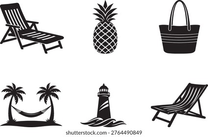Summer Beach Icons Set Lounge Chair Pineapple Bag Hammock Palm Trees Lighthouse Vector