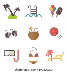 Summer and beach icons set; rest, vacation and entertainment during summer time. Flat design vector. 