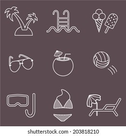 Summer and beach icons set; rest, vacation and entertainment during summer time. Line vector icons.