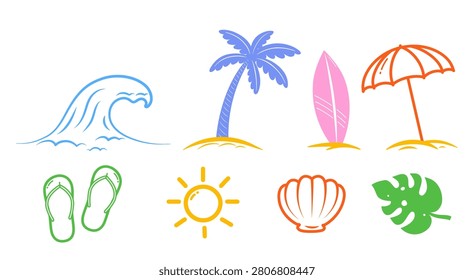 Summer beach icons. Set of seaside holiday elements. Palm leaf, beach umbrella, flip-flops, surfboard, shell, waves, and sun. Vector illustration.