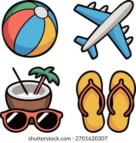 Sommerstrand-Symbole mit Sonne, Meer, Regenschirm, Ball, Sonnenbrille, Fisch, Essen und Reise, Vektorgrafik	