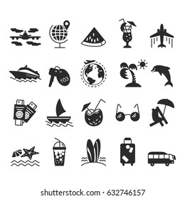 Summer and Beach Icons. Silhouetted vacation web icon set. Travel graphic icons set with starfish, sailboat, airplane, cocktail, chaise lounge and other images.