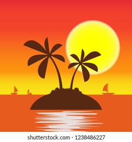 Summer beach illustration abstract sun and Two palm tree on seaside. Vector logo design template. Concept for travel agency tropical resort beach hotel spa