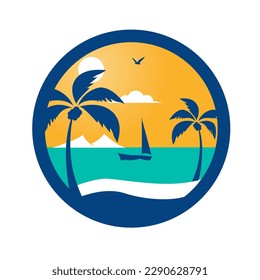 Summer beach illustration, abstract sun and palm tree on seaside. Vector logo design template.