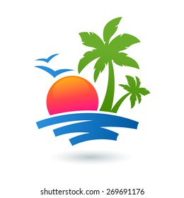 Summer Beach Illustration, Abstract Sun And Palm Tree On Seaside. Vector Logo Design Template. Concept For Travel Agency, Tropical Resort, Beach Hotel, Spa. 