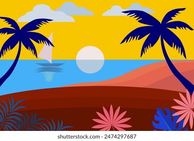summer beach illustration. summer background with beach, palm, mountains,and colors. background for summer promotion.