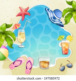 Summer beach  illustration with cocktail glasses.