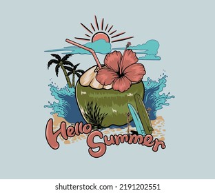 summer beach illustration with coconut flower palm tree and surf board