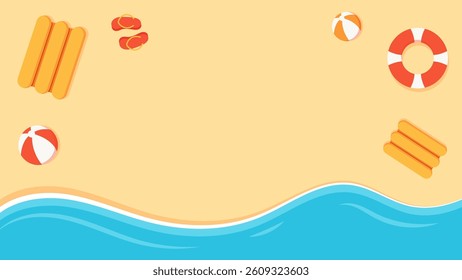 Summer beach illustration design with bright colors, featuring blue waves, beach balls, floats, and sandals. Perfect for holiday themes, posters, and cheerful backgrounds.