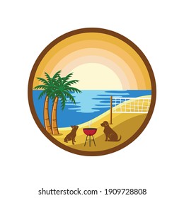 summer beach illustration with dogs, flamingos, sunset and barbeque 