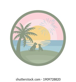 summer beach illustration with dogs, flamingos, sunset and barbeque 