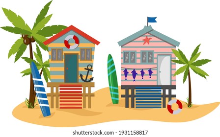 Summer beach illustration with beach houses, palm trees and sea. Vacation homes, surfboards - everything for a seaside holiday. Vector illustration for use in prints, posters, flyers and invitations