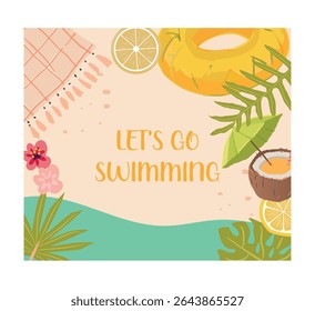Summer Beach Illustration, Let's Go Swimming, Vector