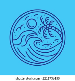 Summer Beach Illustration Monoline Vector, Blue Wave Vintage Badge, kreatives Emblem Design für T-Shirt Design