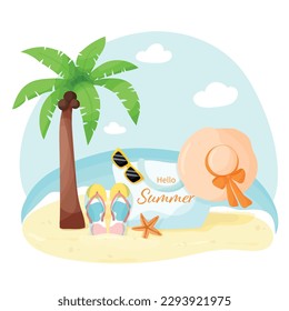 Summer beach illustration with palm tree, flip flops, hat and bag. Can be used for postcards, travel ads, banners, covers