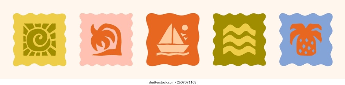Summer Beach Illustration Set. Groovy Geometric Sun, Palm Tree, Sea Waves, Sailboat and Pineapple. Vector Abstract Square Tropical Icons in Freehand Retro Style for Logo, Print, Pattern, Poster