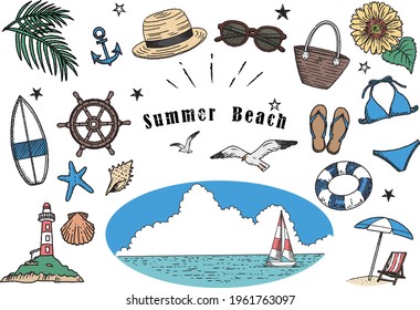 Summer Beach Illustration Set - Hand-drawn Line Drawings　