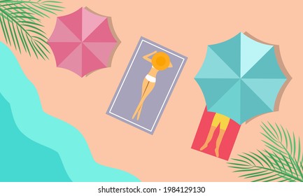Summer beach illustration, sunbathing on the beach