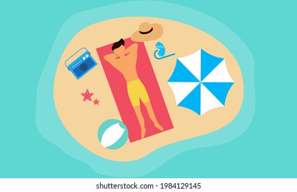 Ilustración de playa de verano, solárium en la playa