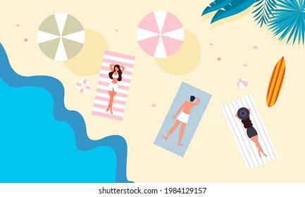 Summer beach illustration, sunbathing on the beach