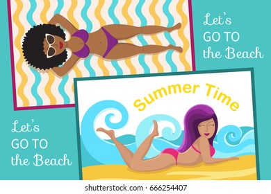 Summer beach illustration. Summer vacation background. Vector image with girl in a swimsuit. 