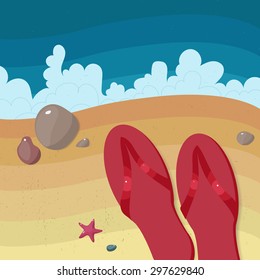 Summer beach illustration with waves, sand, stones and shoes.