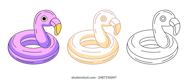 Aufblasbarer Schwimmring am Sommerstrand in Flamingo-Form, farbenfrohe und Linien-Ikonen gesetzt. Kontursymbol der Vektorgrafik, einfarbige und farbige Darstellung. Für Logo, Aufkleber, Malbuch, Etikett