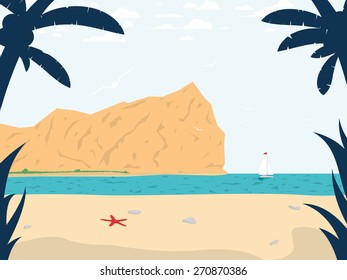 Summer Beach Inspired Scene. Vector Illustration. Sand, Starfish, Blue Sky, Sun And Cloud On The Beach. Summer Background.