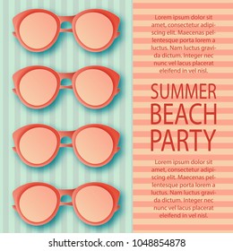 Summer beach invitation pattern with colorful sunglasses on striped background. Vacation, party, summer concept