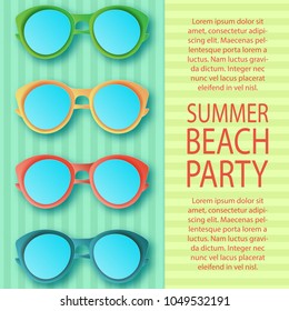 Summer beach invitation pattern with colorful sunglasses on striped background. Vacation, party, summer concept