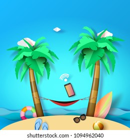 Summer beach and island background with hammock and coconut tree.Paper art vector illustration.