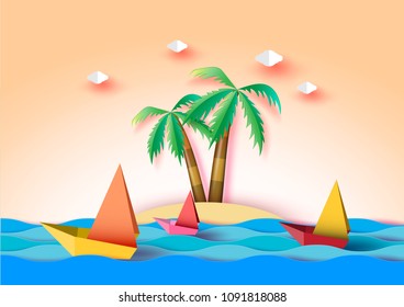 Summer beach and island with colorful paper sailing boats on the sea.Paper art vector illustration
