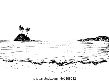 Summer beach, Island in the distance with palm trees, hand drawn  sea, black and white vector illustration, engraving style