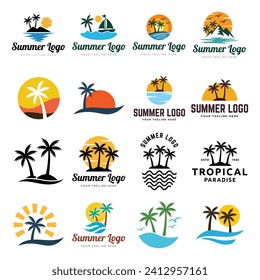 Summer beach island with palm trees in the ocean. Vector emblem of travel, holiday, resort. Vector Logo collection.