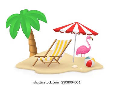 Summer beach island scene with sand and stones. Tropical landscape with palm tree, sun lounger with beach umbrella, flamingo, beach ball.