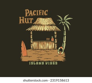 summer beach island vector illustration, beach surf hut vector, surf club artwork for t shirt, sticker, poster, graphic print