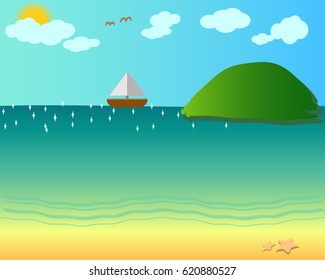 Summer beach with island,vector Illustration