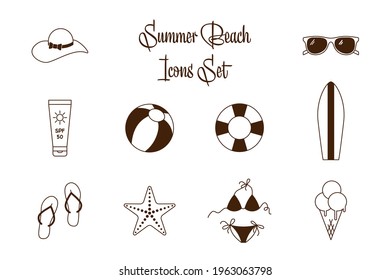 Summer Beach Isolated Icons Set. Black and White vector collection of sea vacation flat icons. Outline summer icons for holiday beach leisure