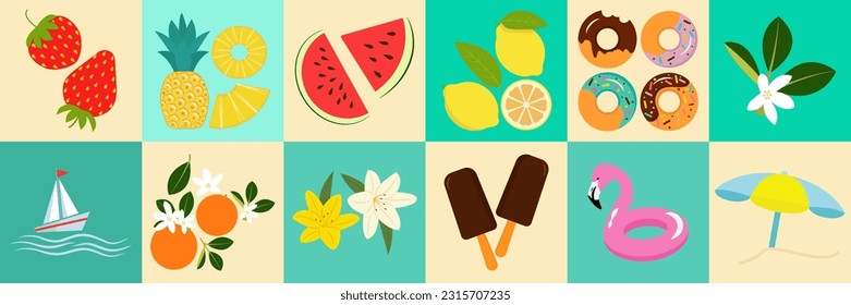 Summer and beach item, fruit or ice cream set with cute illustrations vector icon