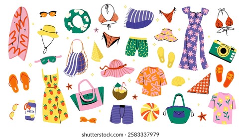 Summer beach items. Cartoon holiday elements with sunscreen, towel, flip flops, sunglasses, beach bag, cocktail, bikini, sea shell. Vector sea beach isolated set.