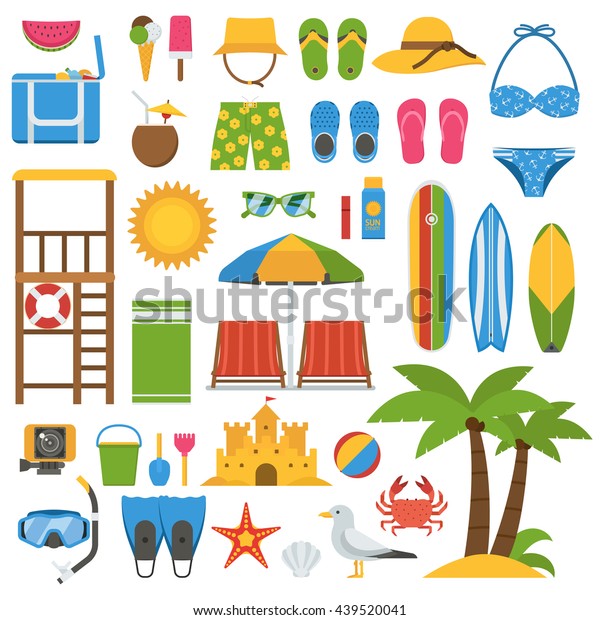 夏のビーチアイテムコレクション 夏の海の休暇のベクター画像アイコンセット 日光浴のアクセサリーや屋外のアクセサリーは エレメントをビーチングします マリンスポーツとレジャーのシンボル 夏のビーチのアイコン のベクター画像素材 ロイヤリティフリー