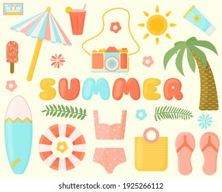 Summer beach items hand-drawn set of elements