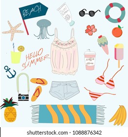 summer beach items illustration vector by freehand doodle comic art