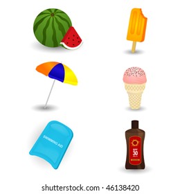 Summer Beach Items Including Water Melon, Ice Stick, Beach Umbrella, Ice Cream, Swimming Board And Sun Screen.