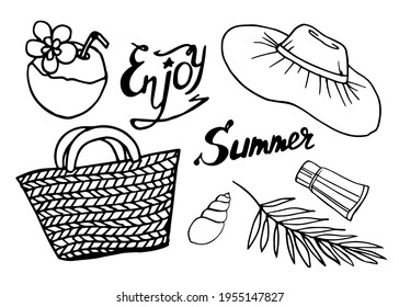 Summer beach items. Lettering. A straw hat, a wicker bag, sunscreen, a coconut cocktail, a palm leaf, and a seashell.