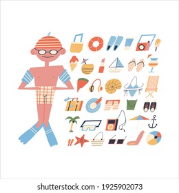 Summer Beach Items Set. Large set of beach accessories and boy swimmer in shorts, goggles and flippers. Flat style, vector 