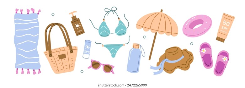 Summer beach items set. Sunglasses, towel, swimwear and other thinks to pack for the beach vacation. Modern cartoon concept. Vector illustration.