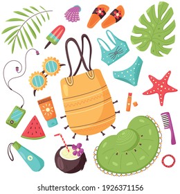 Summer Beach Items Set. Tropical monstera leaves, bathing accessories, apparel, and care.  Vector cartoon elements of sea recreation