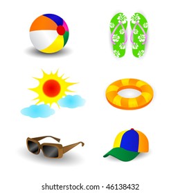 Summer beach items such as beach ball, sun and fine weather, sunglasses, sandal, inner tube and hat/cap. Necessities for the coming hot summer!