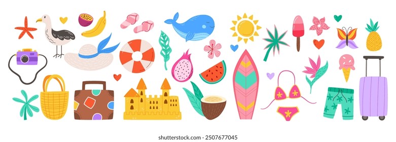 Summer beach items. Tropical trip cartoon icons. Sea crab. Sunglasses and bikini. Travel vacation bag. Ocean shells. Sand castle. Holiday tour fun. Fruits ice cream. Vector garish flat elements set